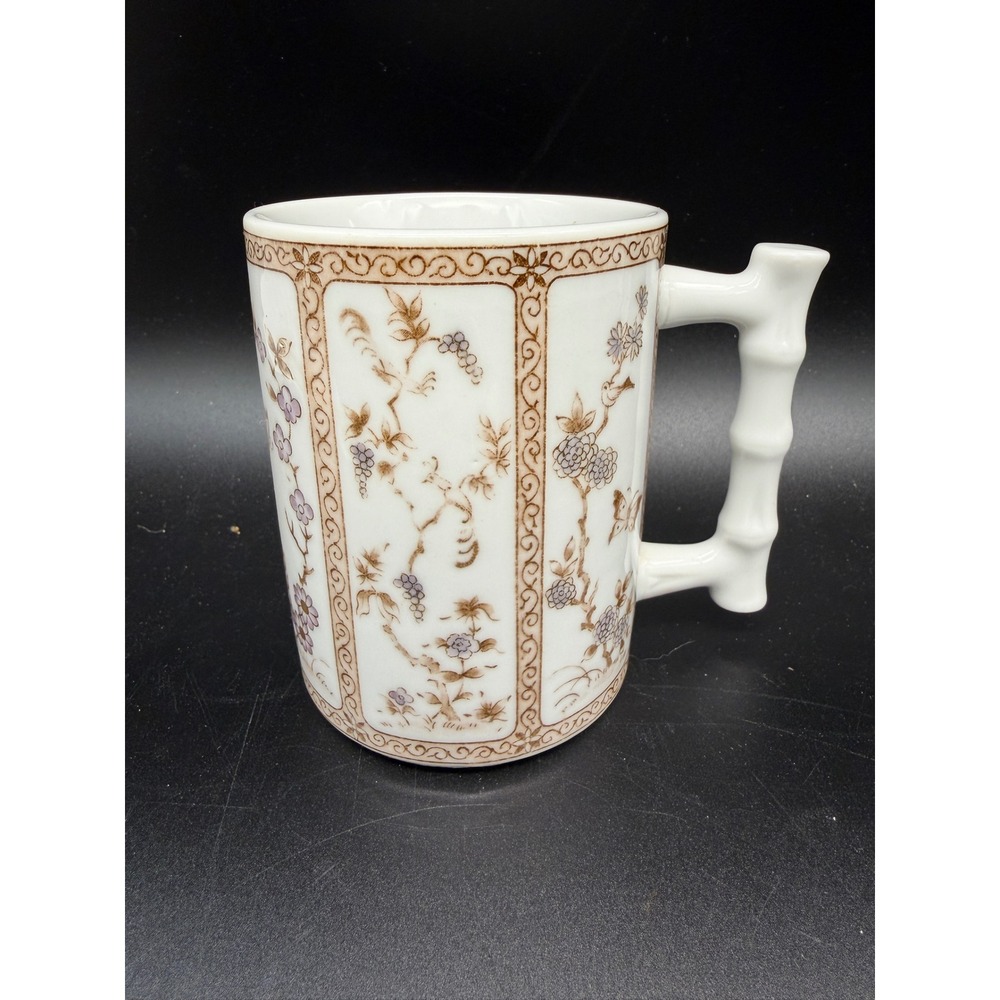 Takahashi Japan Porcelain Mug Bamboo Handle Floral Butterfly Bird Chinoiserie